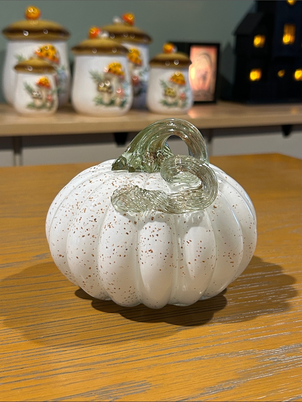 White Speckled Glass Pumpkin with Green Stem - Decorative Home & Holiday Decor